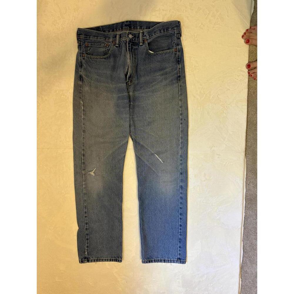 Men's Blue Denim Levi 505 36 x 32 Jeans with Distressed Detail